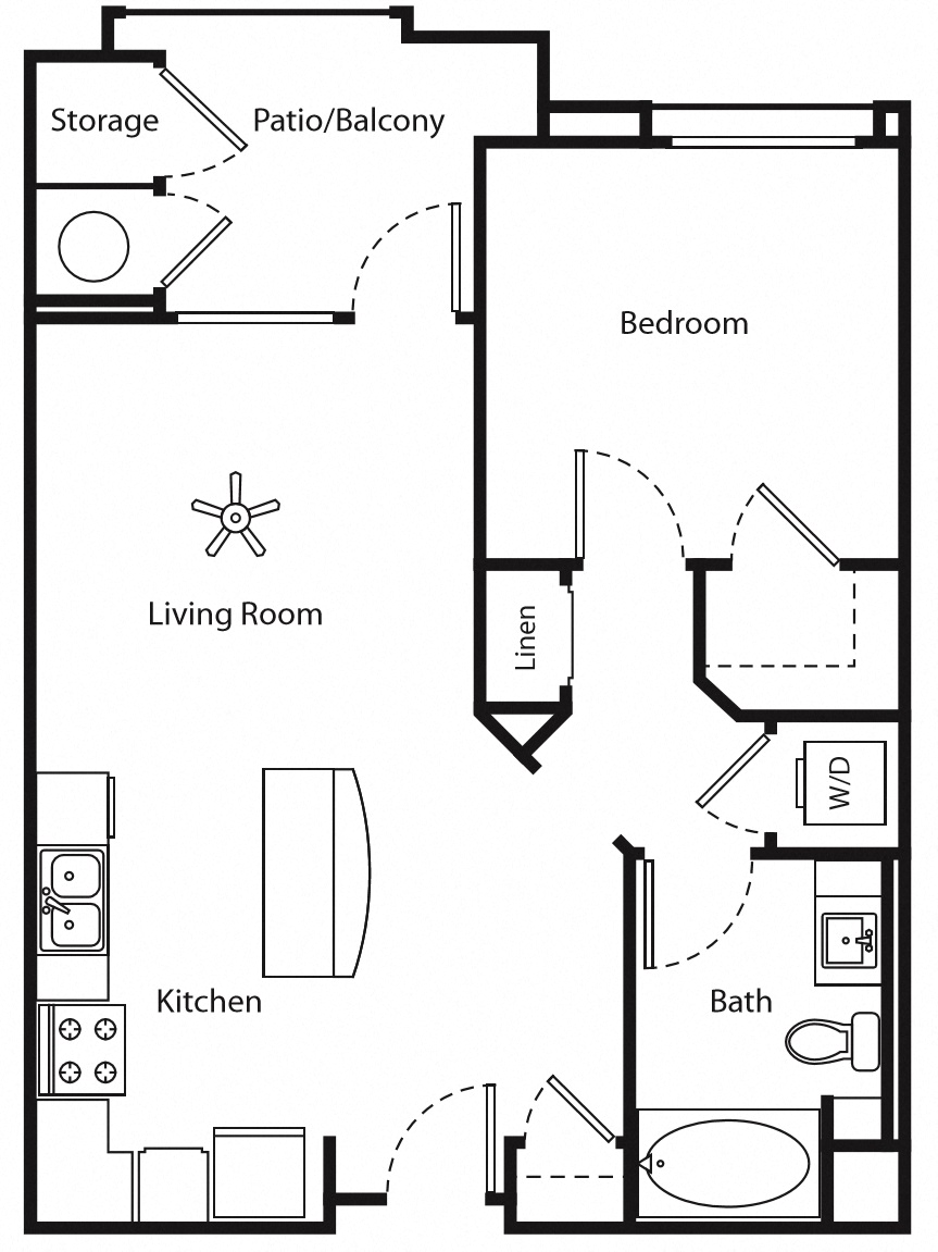 Floor plan for 1 bed, 1 bath, 728 sqft